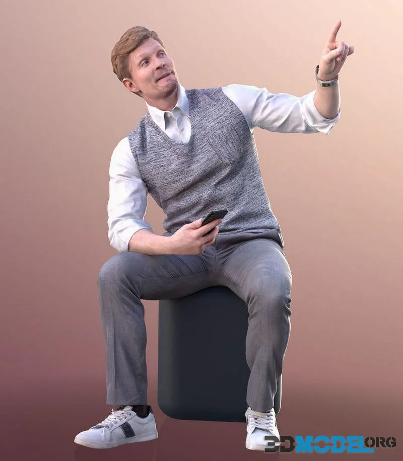 Man Sitting And Pointing With Phone low-poly (PBR)