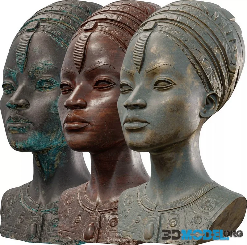 Regal African Queen Bust Sculpture Intricate low-poly (PBR)