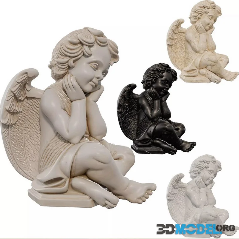 Seated Cherub Angel Sculpture Serene Child low-poly (PBR)