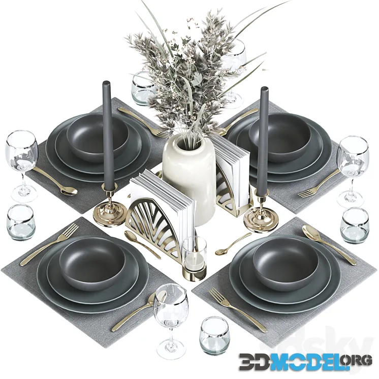 Serving (dark dishes, gold cutlery)