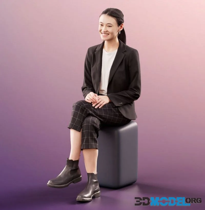 Sitting Asian Business Woman low-poly (PBR)