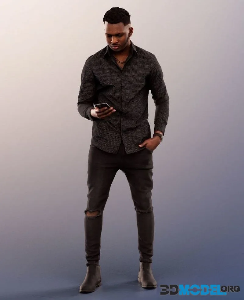 Standing Black Man Checking His Phone low-poly (PBR)