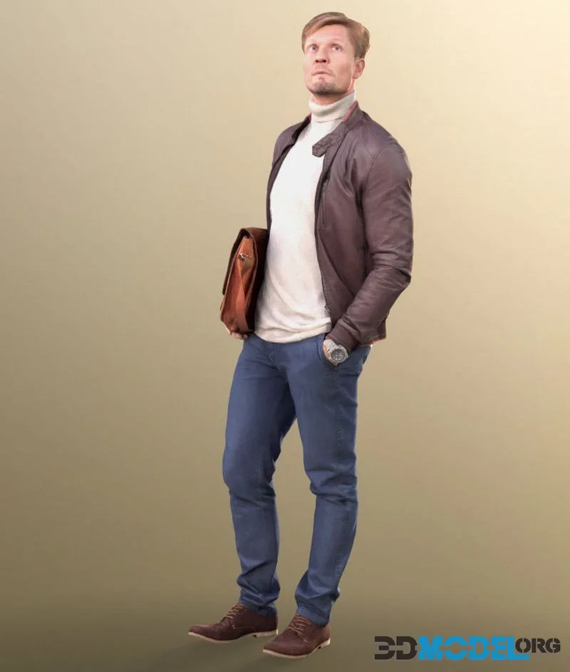Stylish Guy Man with leather jacket and suitcase low-poly (PBR)