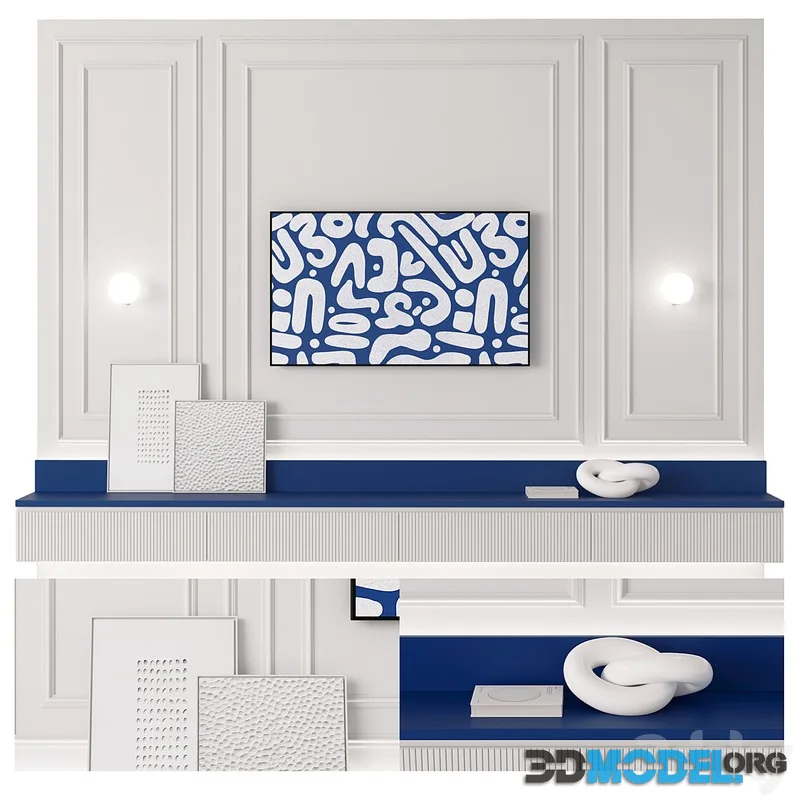 TV zone with classic elements, sconces, relief paintings, sculpture, book