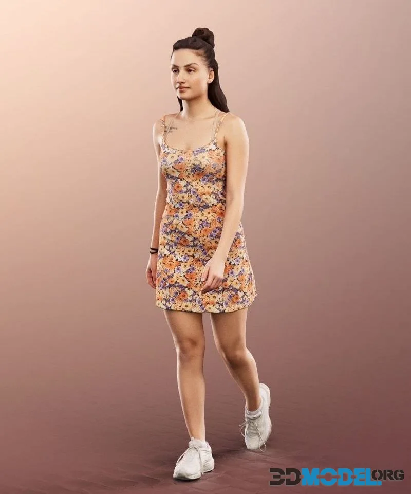 Walking Young Woman In Summer Dress low-poly (PBR)