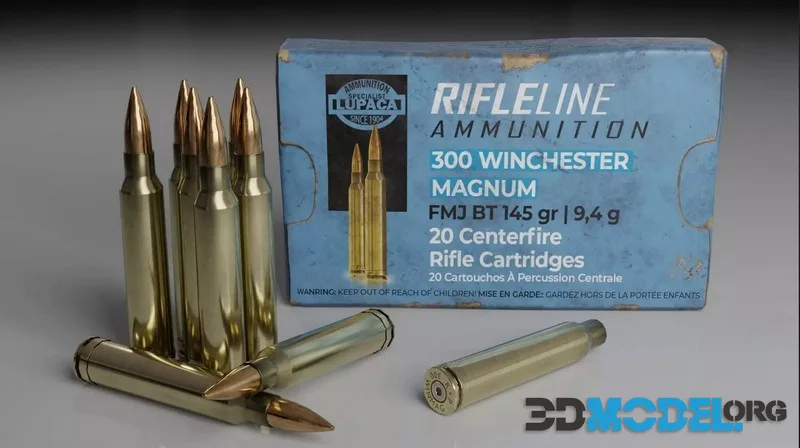 300 Winchester Magnum Rifle cartridge low-poly (PBR)
