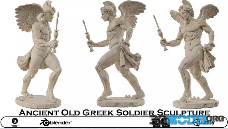 Ancient Greek Soldier Sculpture – Winged Marble Statue (PBR)