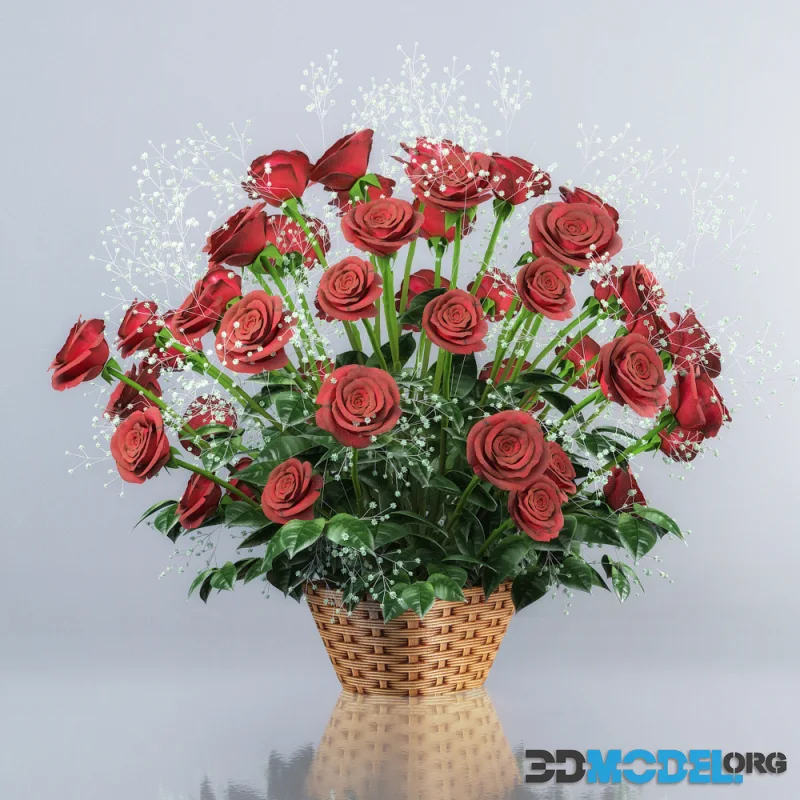 Bouquet of red roses with gypsophila