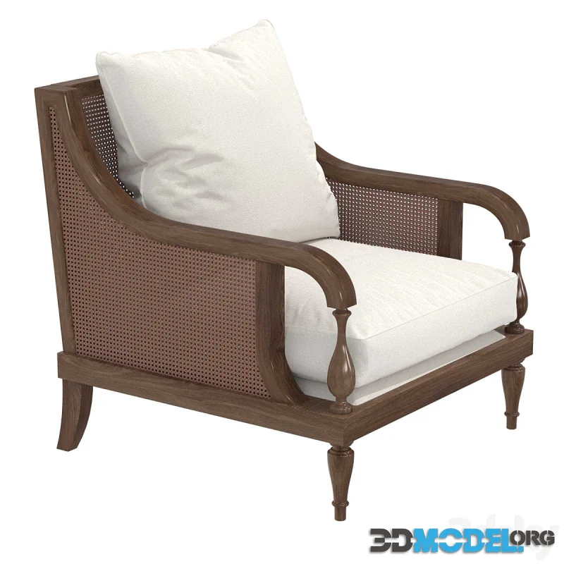 Custom made chair in brown wood, cane back and white cushions