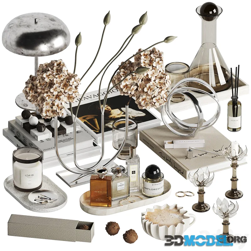 Decorative set 108 with hydrangeas, books and accessories for a dressing table or coffee table