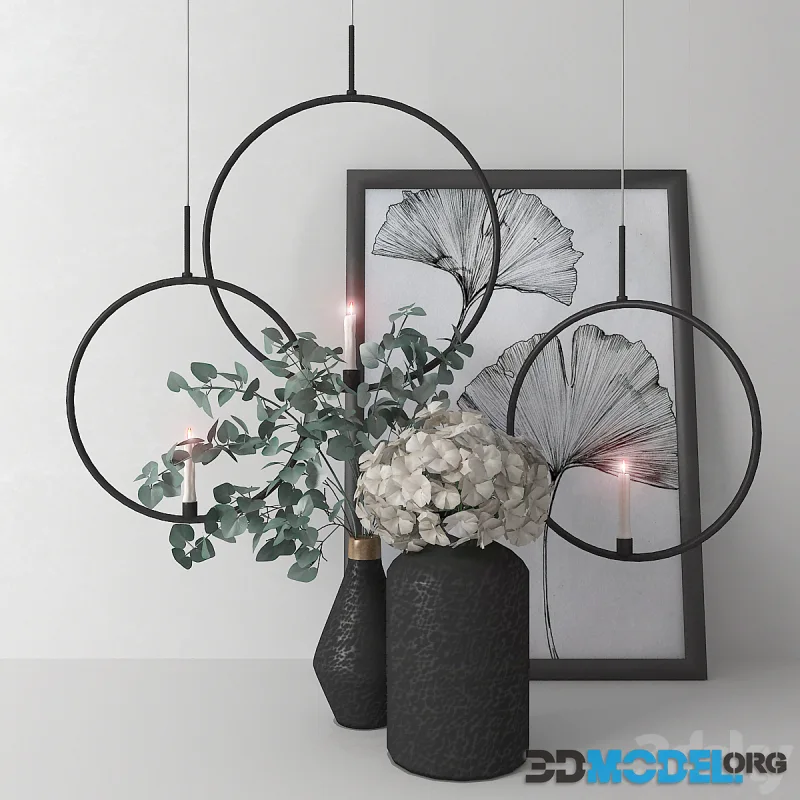 Decorative set # 11 (eucalyptus branches, hydrangea, vases and candlesticks Nordal)