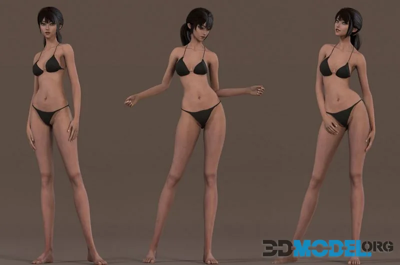 Female Base Model Rig low-poly (darck hair) (PBR)