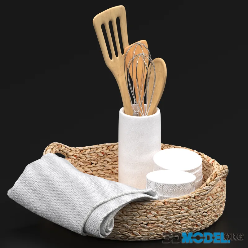 Kitchen accessories in a wicker plate