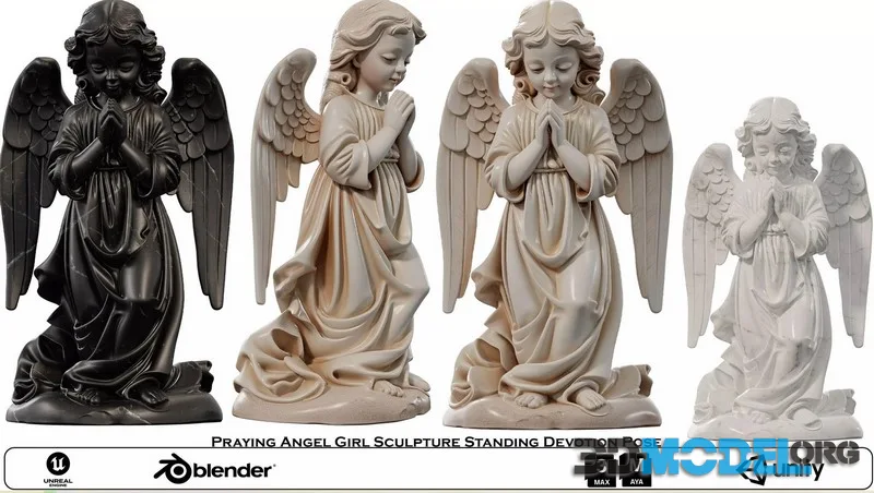 Praying Angel Girl Sculpture Standing Devotion Pose low-poly (PBR)