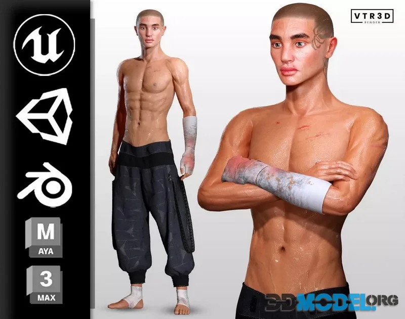 Realistic Male Fighter Character Athletic Body Battle Scars low-poly (PBR)