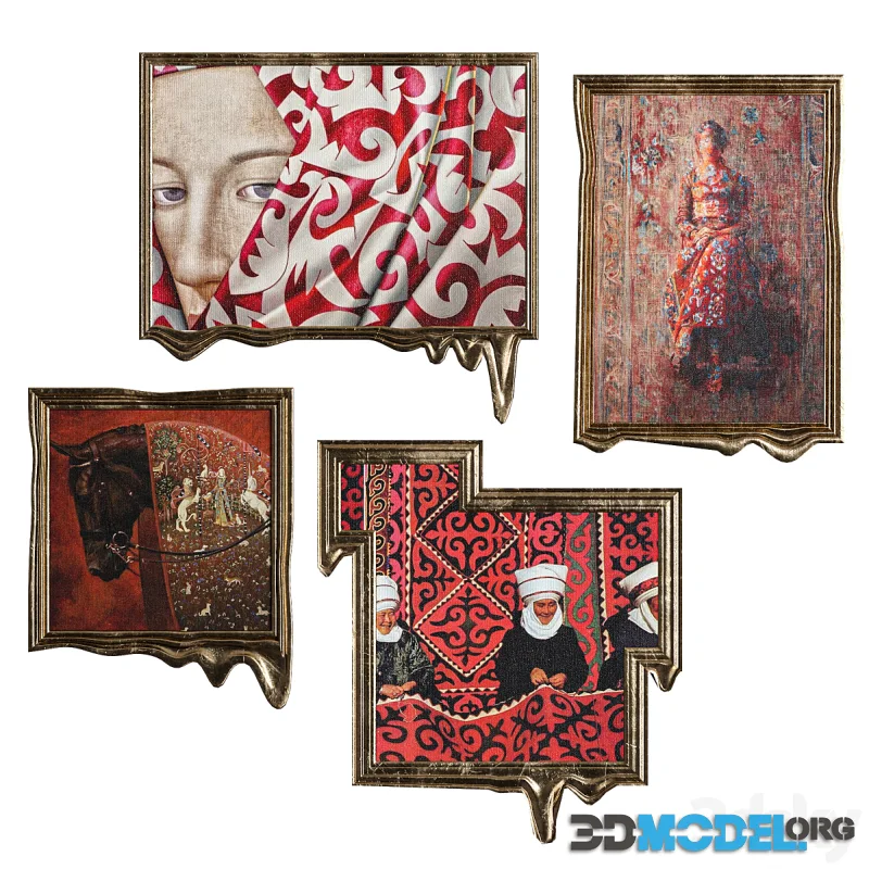 Red Ethnic Paintings in Melted Frames