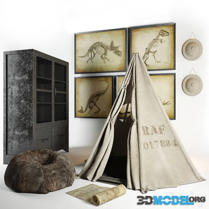 Restoration hardware Wigwam, cupboard, hat, ottoman, paintings