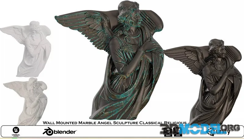 Wall Mounted Marble Angel Sculpture Classical Religious low-poly (PBR)
