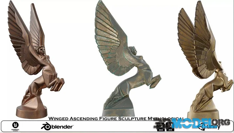 Winged Ascending Figure Sculpture Mythological low-poly (PBR)