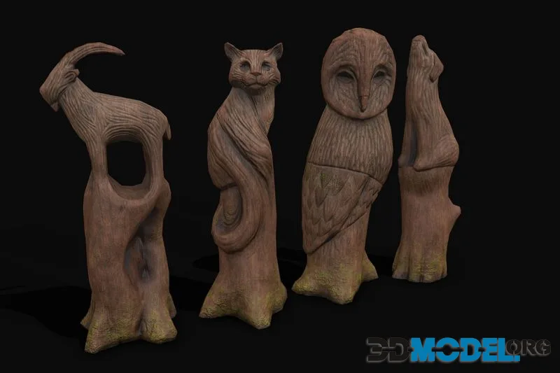 Wooden Animal Sculptures low-poly (PBR)