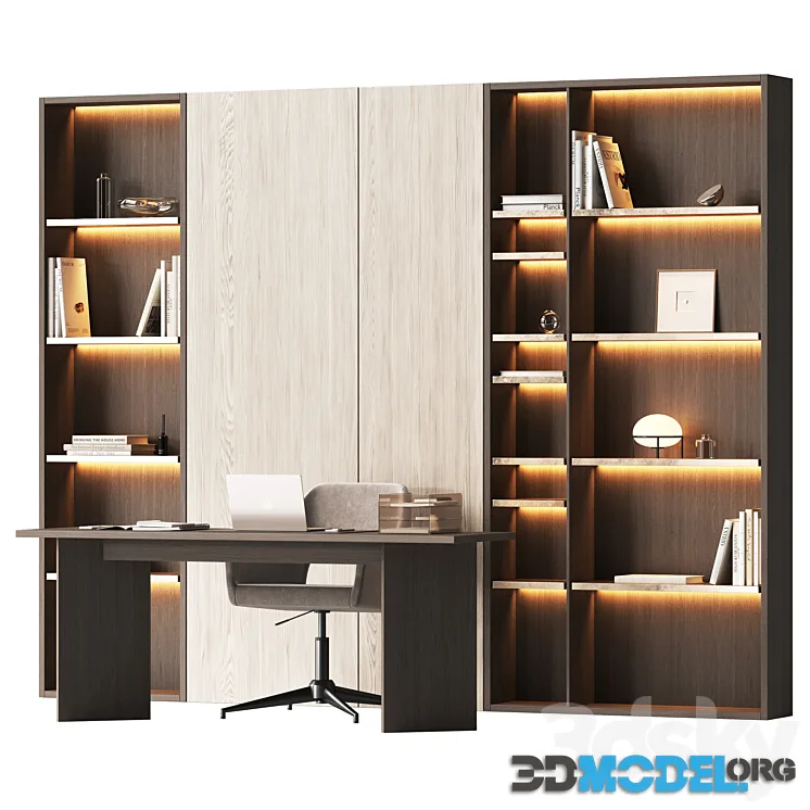 Workplace area with a shelving wall
