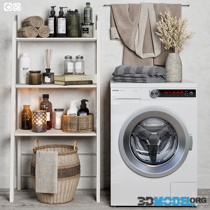 Bathroom accessories 01 (basket, dried flower, towels)