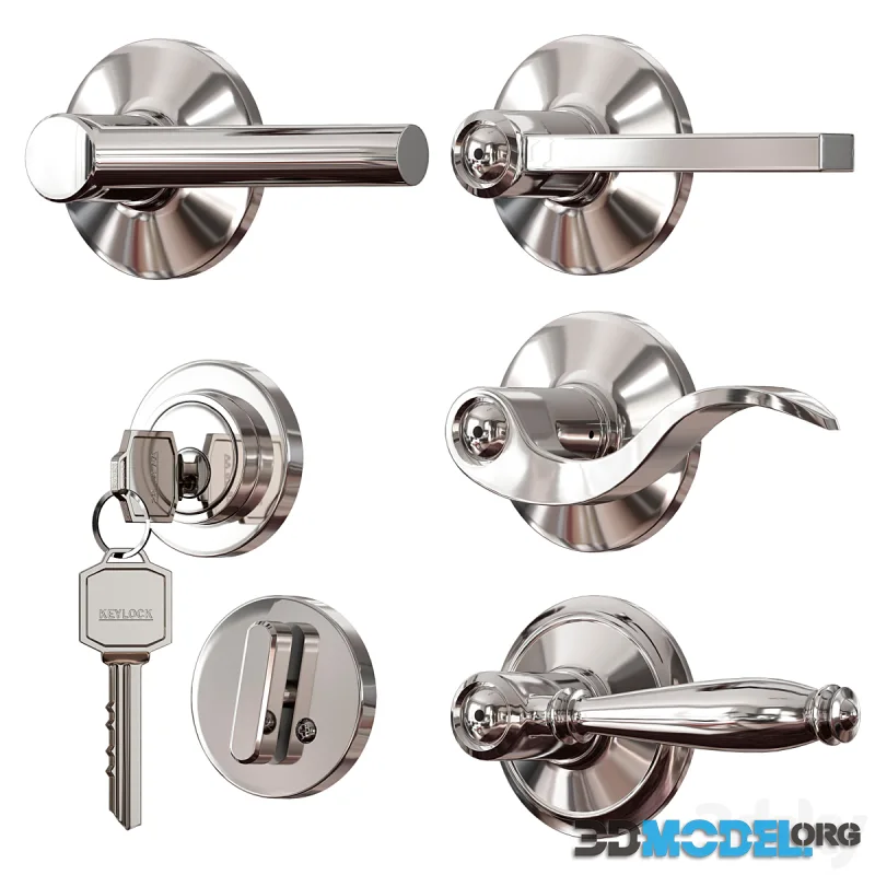 Chrome plated metal door handles. lock and key