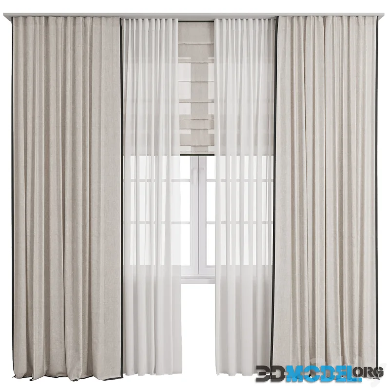 Curtain 89 with dark edging, with tulle and Roman blind 1600mm wide