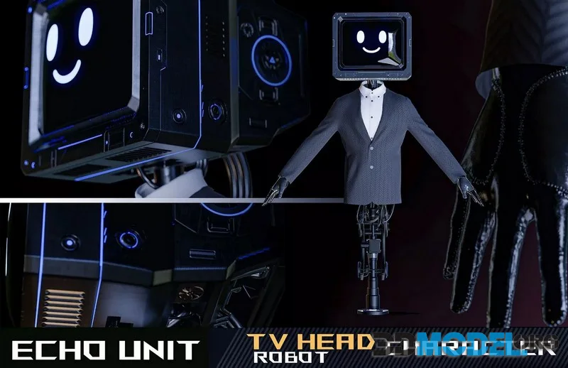 ECHO UNIT TV Head Robot Character low-poly (PBR)