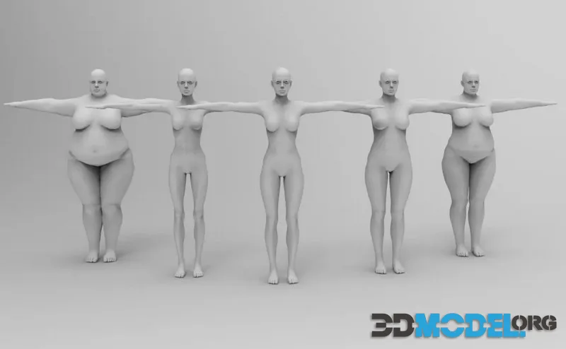 Five Different Female Body T pose low-poly (PBR)