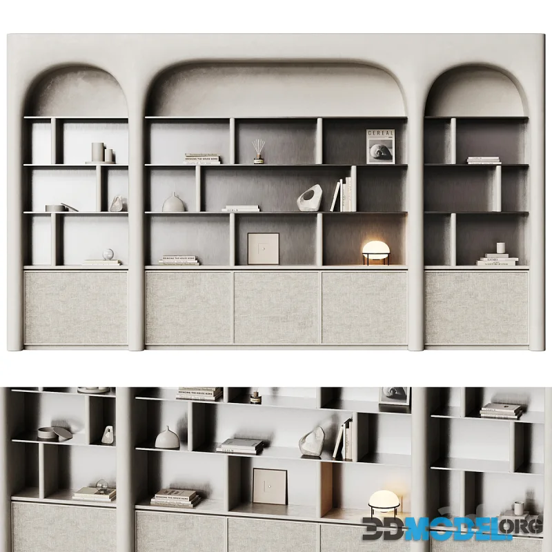 Gypsum shelving with curved shape and metal