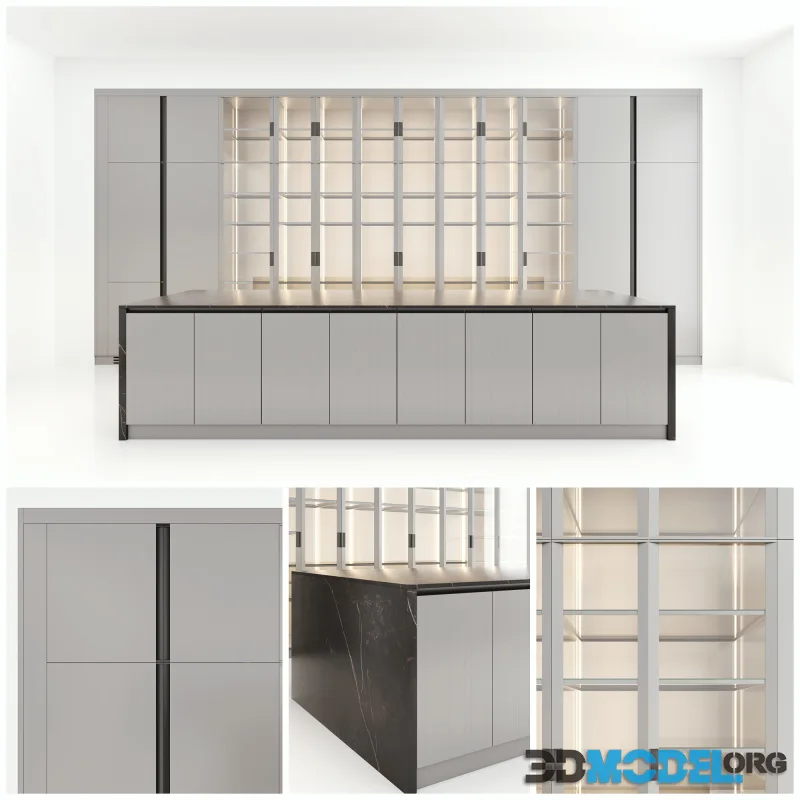 Kitchen cabinets with island, Dekton Kelya countertop and doors with striped details