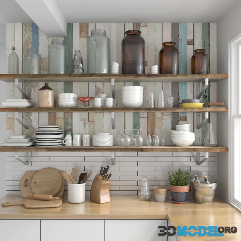 Kitchen set 002 on a wooden shelves