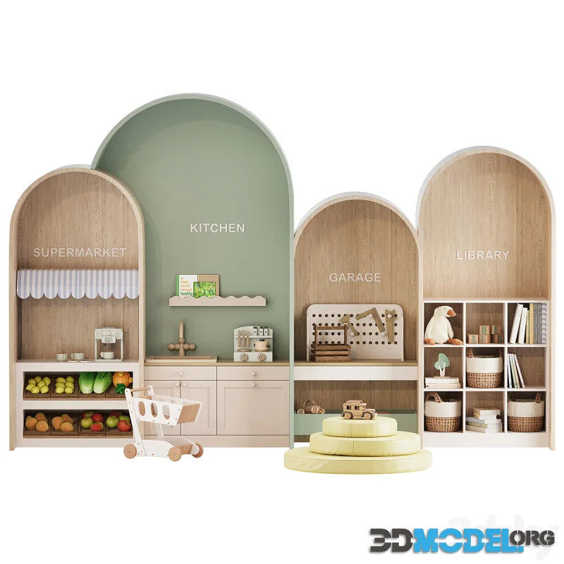 A play wall with themed arched sections