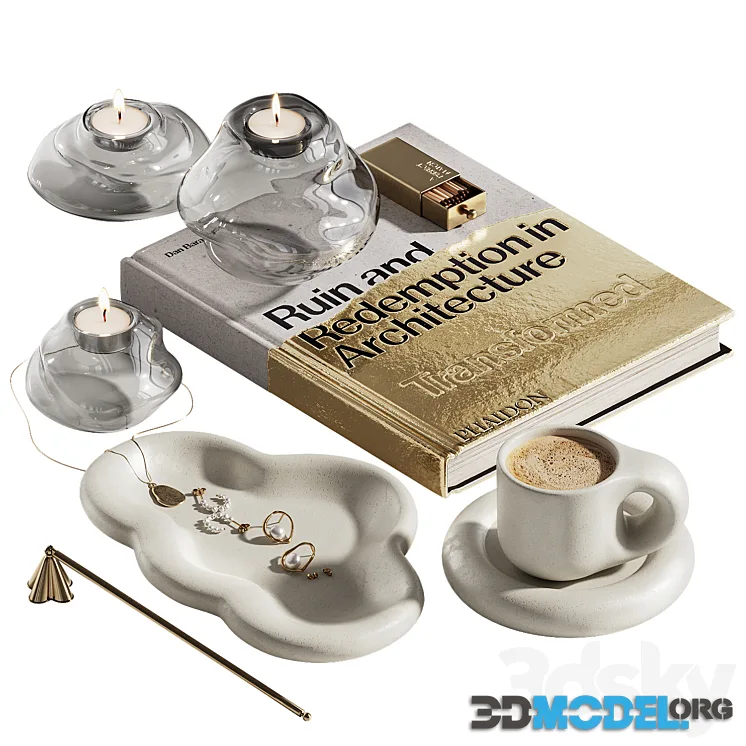 Decorative set with golden book, coffee and jewelry