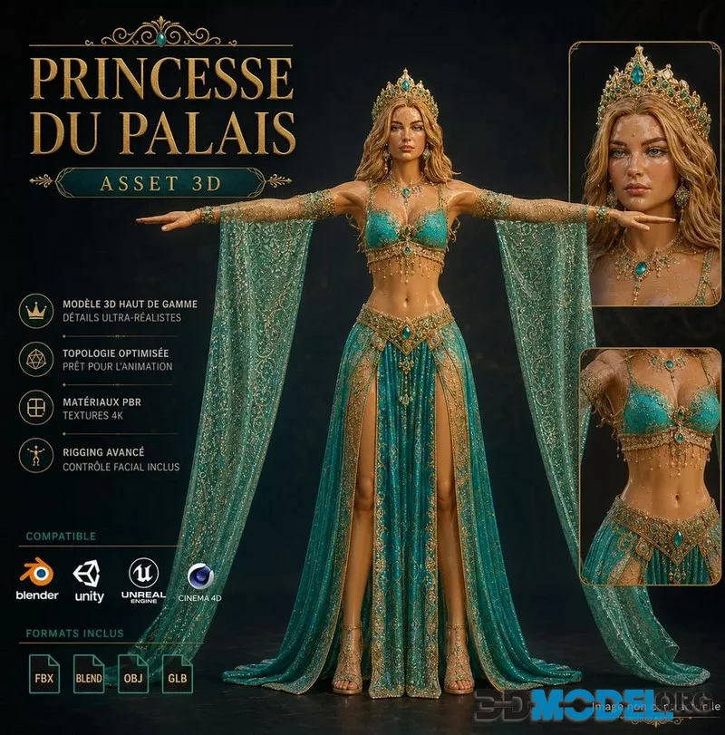 Oriental Palace Princess 3D Rigged to Neck Fantasy Royal Female (PBR)