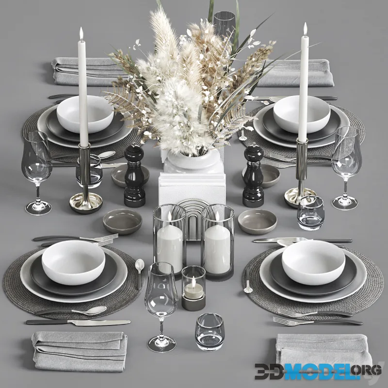 Serving 3 (Table setting for 4 persons with dishes, decor and a bouquet of dried flowers)