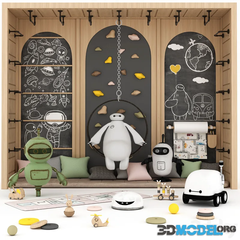 Toys and furniture set with green robots