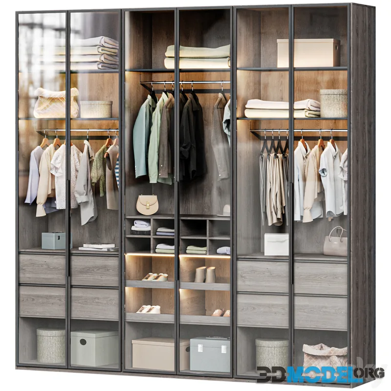 Wardrobe with glass doors 02, filled with clothes