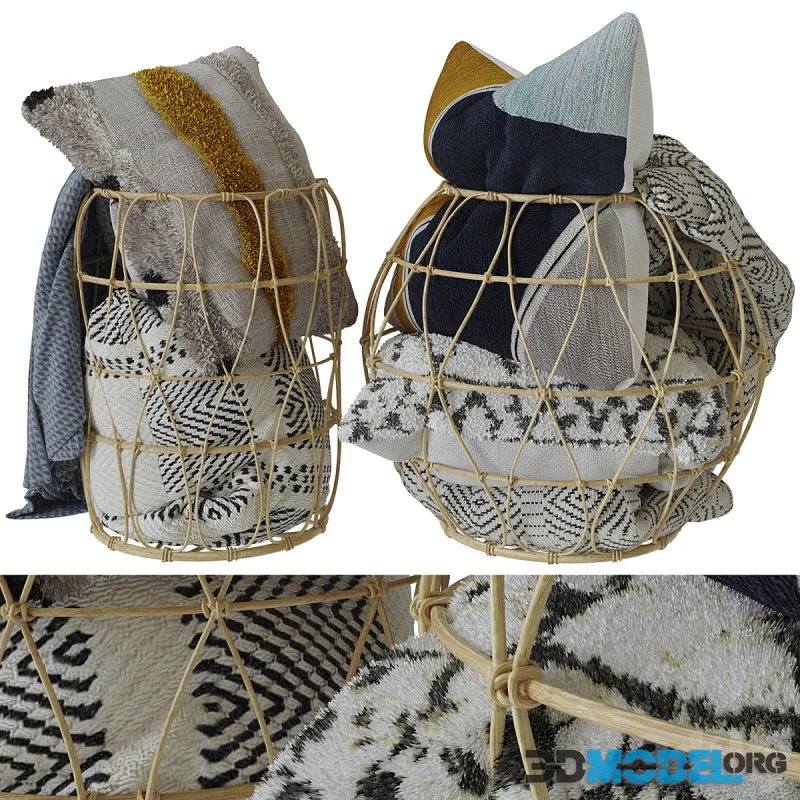 Bamboo basket with decorative pillows and a blanket