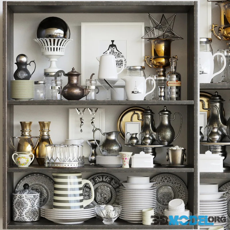 Classic cabinet with crockery and kitchen utensils. kitchen service