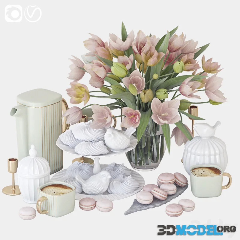Decorative kitchen set with spring tulips and cakes