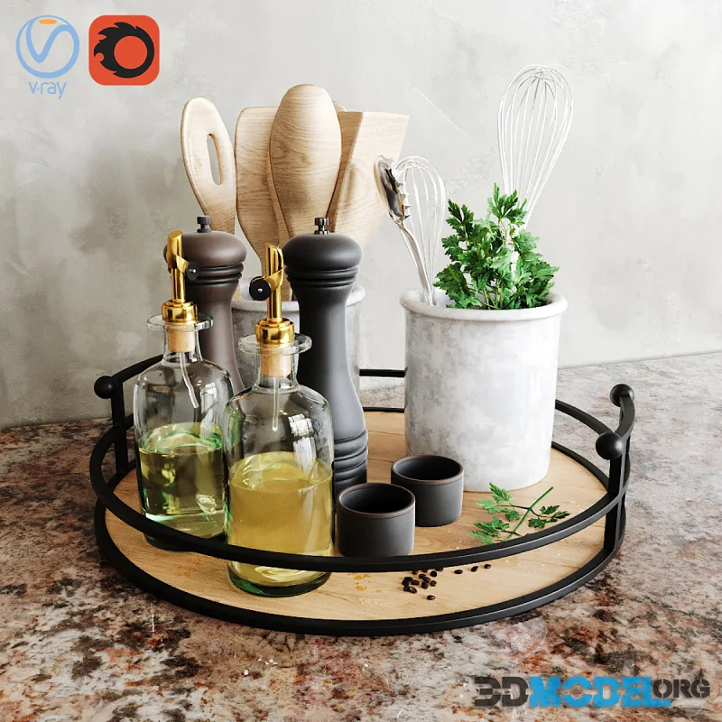Spoons, butter, parsley on the tray - kitchen accessories