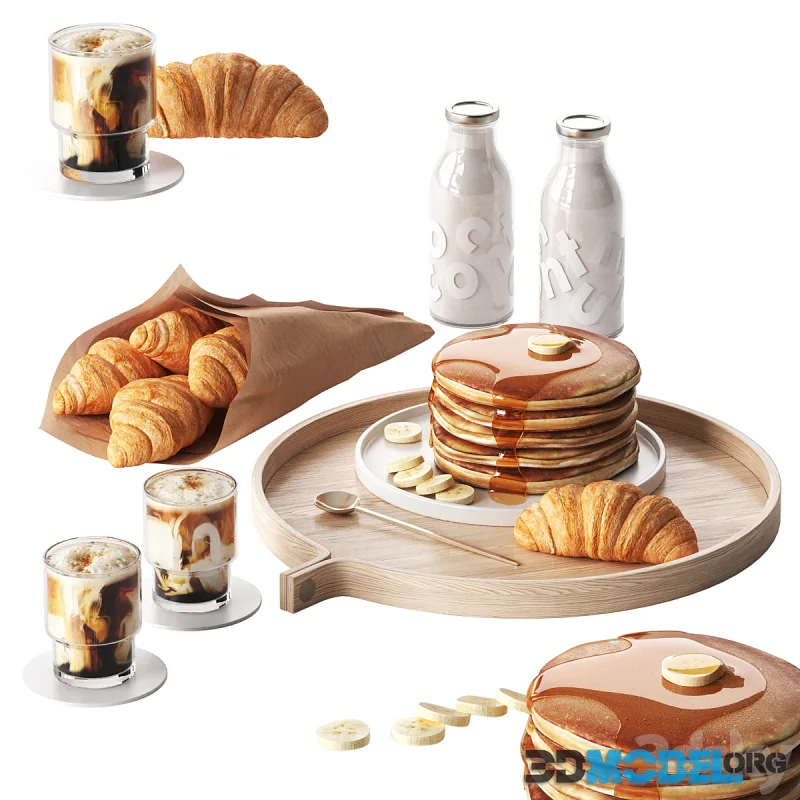 Breakfast with pancakes and croissants with coffee